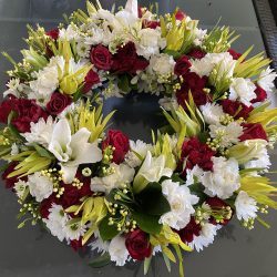 Graceful Blooms Sympathy selections Wreath White Red and Yellow